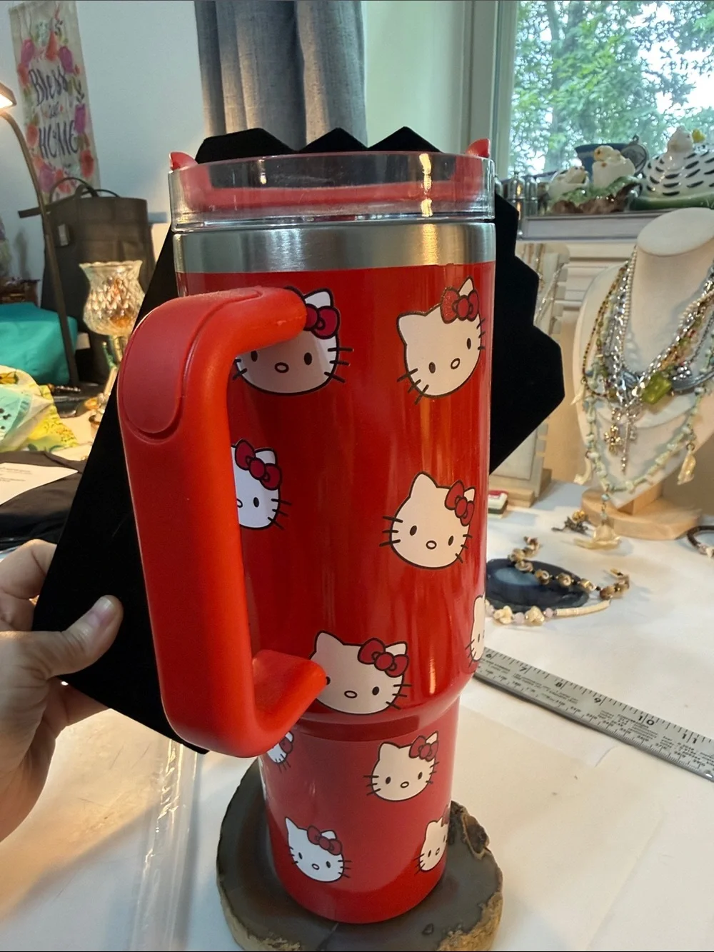 Kitty Red Travel Mug with Handle & straw 11” tall